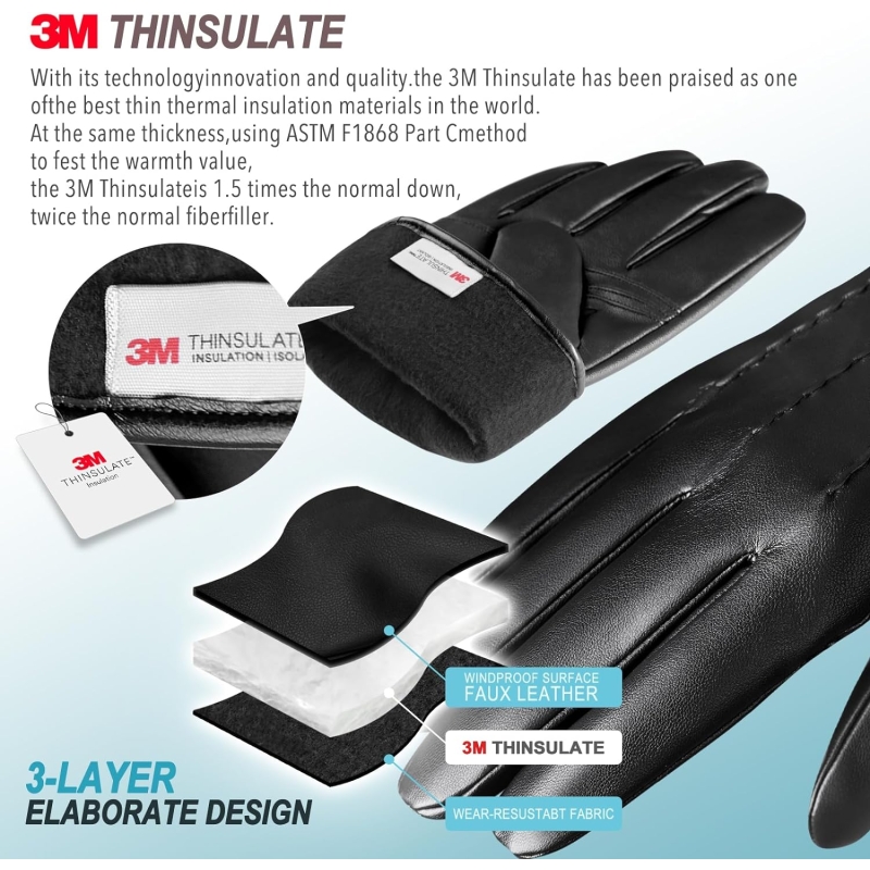 QUKOPSE Winter Leather Gloves for Men,Touchscreen Snow Driving Gloves with Cashmere Lining for Motorcycle Driving Riding… - Image 2